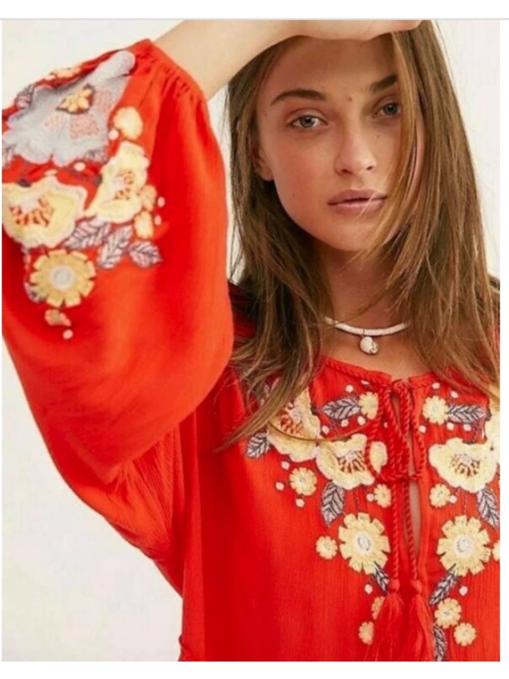$148 Free People Spell On You Poppy Red Floral Embroidered Peasant Dress Large - Picture 2 of 7